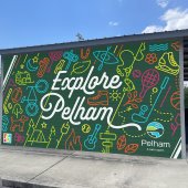 An artist rendering of a new mural coming soon to Pelham City Park. Dark green background, symbols of different sports and activities are included.