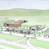 An artist's rendering of the new commercial development a the Pelham Public Library.