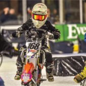 A motorcyclist competes in the Xtreme Ice Racing event at the Pelham Civic Complex & Ice Arena.