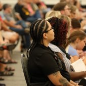 Members of the public listen to the ReAmp presentation at Pelham Civic Complex & Ice Arena.