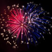 Red, white, and blue fireworks in a night sky.