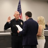 Ed Delmore is sworn in as the new Pelham Police Chief.