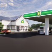 An artist's rendering shows a concept for a new gas station in a vacant bank building.