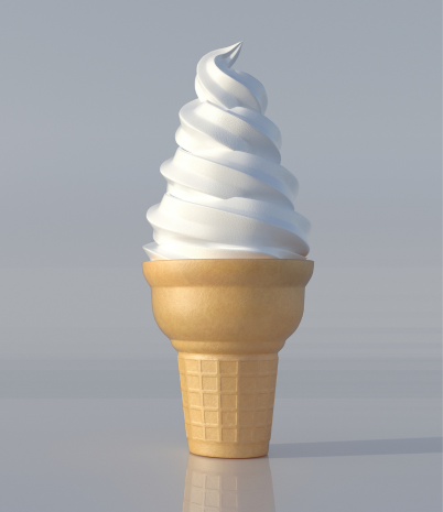 A soft-serve vanilla ice cream cone is shown against a light gray background.