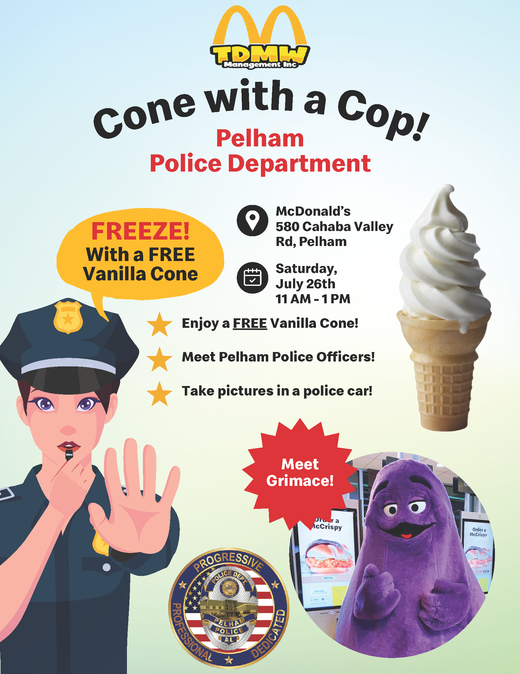 A flyer with details on the Cone with a Cop event at Pelham McDonalds on July 26.