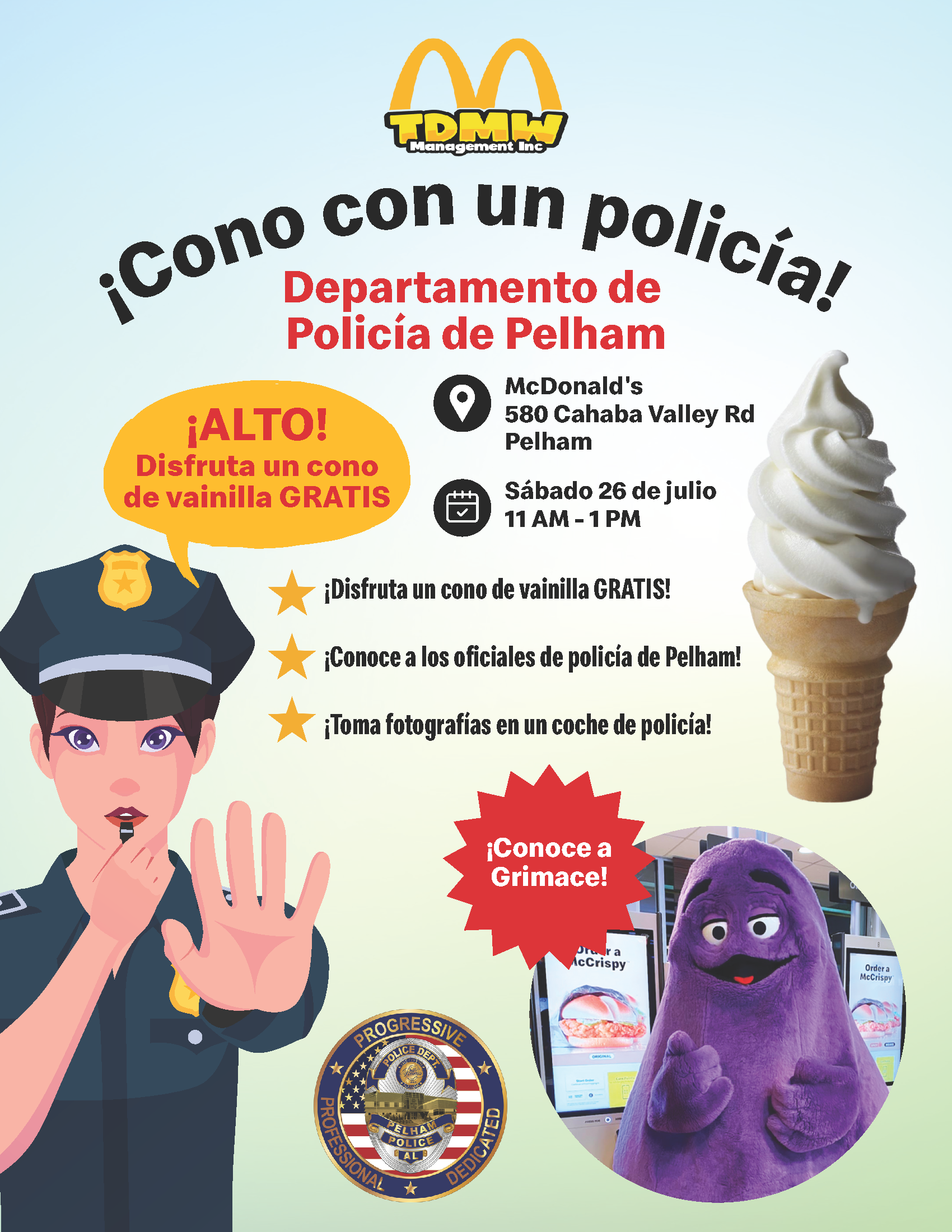 A flyer in Spanish with details of the Cone with a Cop event at Pelham McDonalds on July 26.