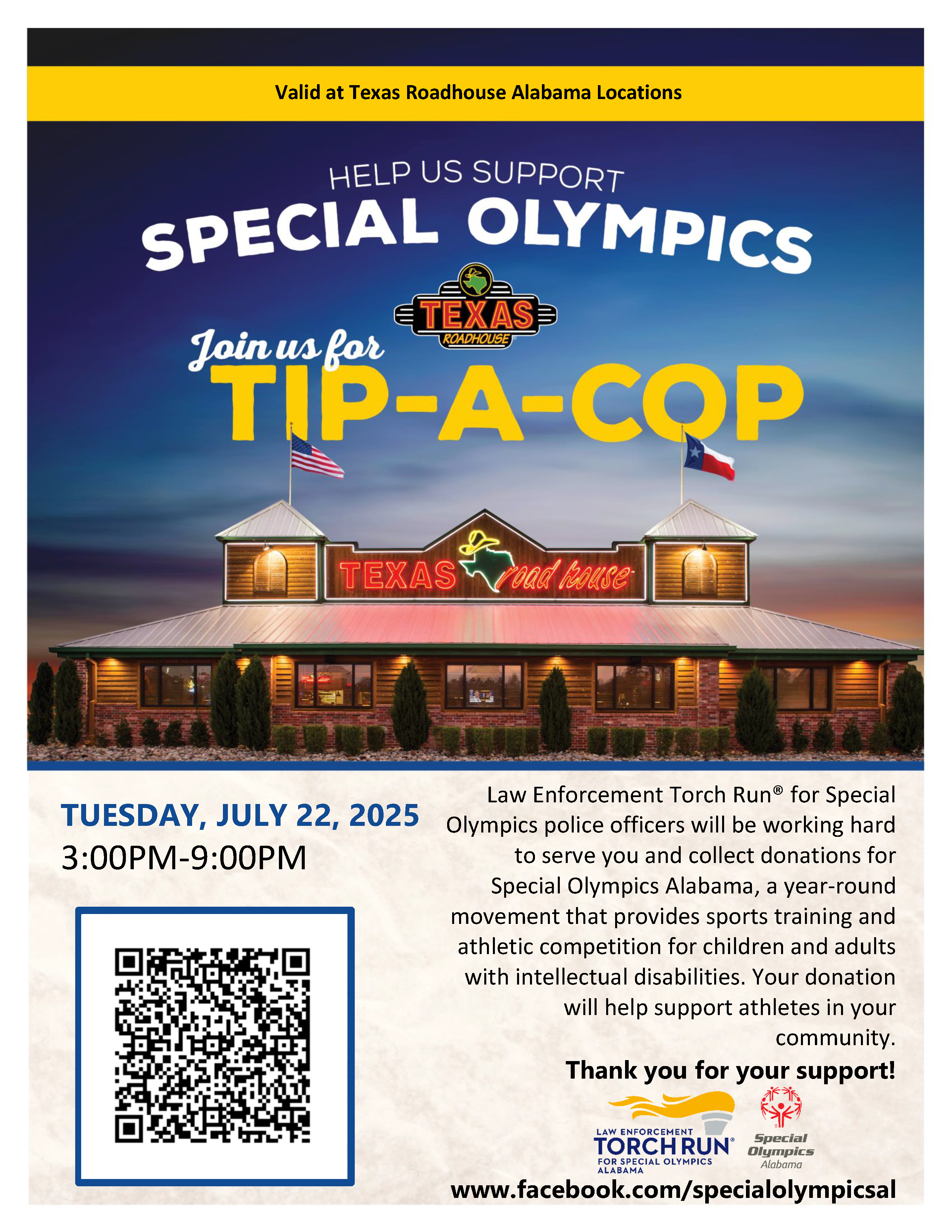 A flyer with a QR code for the Tip-A-Cop event for Special Olympics Alabama. Texas Roadhouse - July 