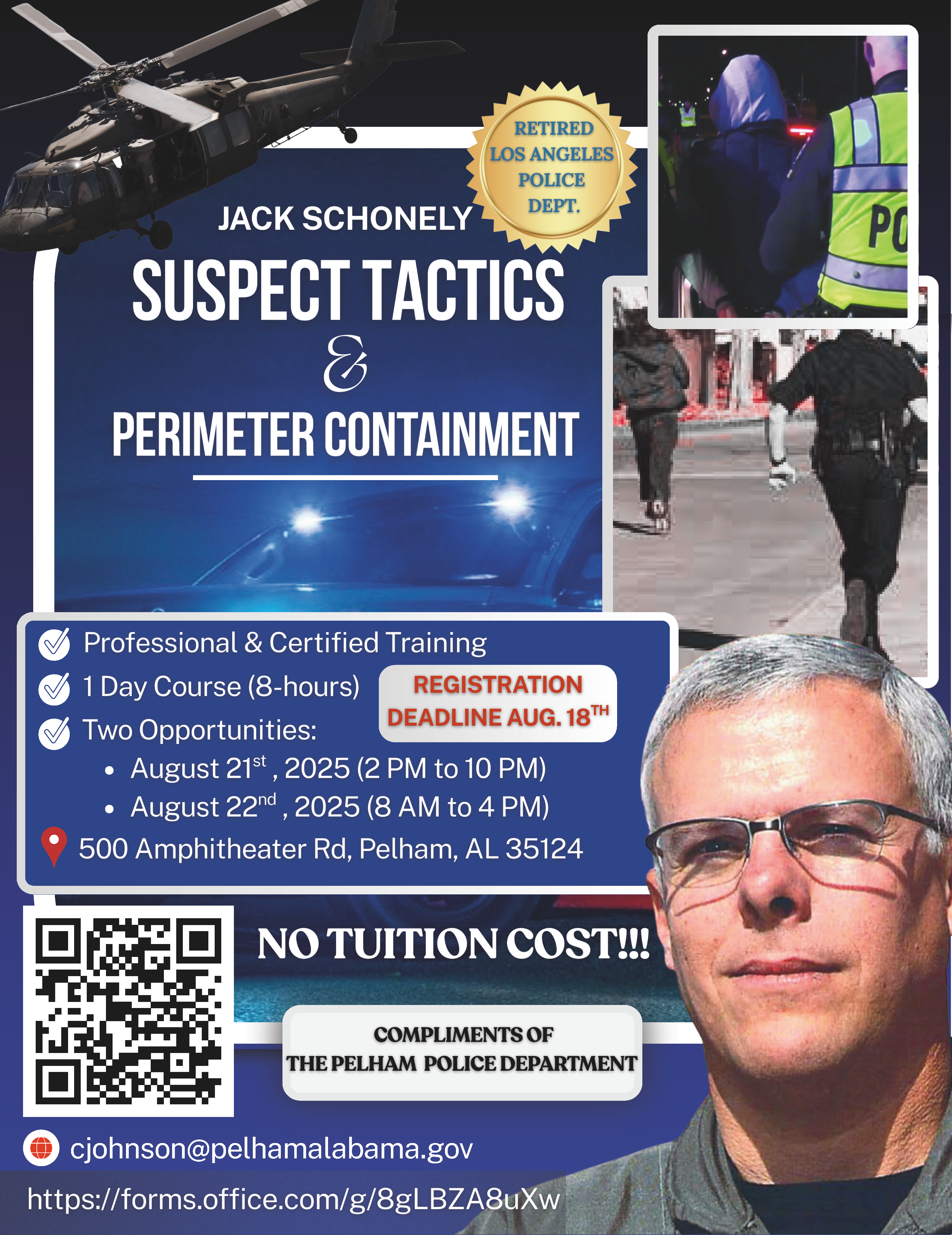 This is a flyer for the Suspect Tactics training at the Pelham Police Department.